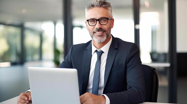 a-man-in-a-suit-and-glasses-is-sitting-at-a-desk-with-a-laptop-photo