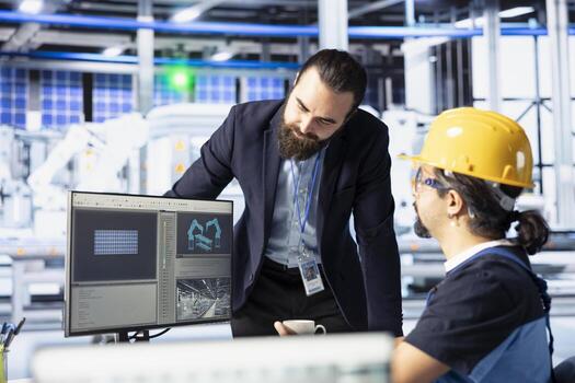 photovoltaics-factory-coworkers-doing-brainstorming-finetuning-system-settings-for-maximum-efficiency-engineers-talking-working-together-on-solar-panels-plant-assembly-lines-configuration-photo